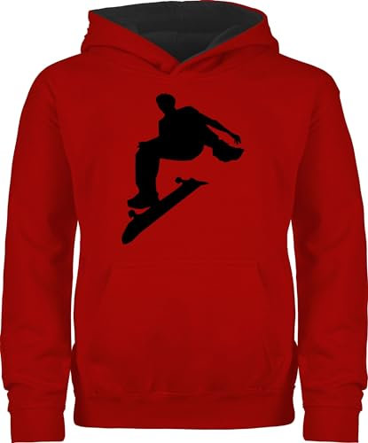 Pullover Kinder Hoodie Jungen Mädchen - Sport Kleidung - Skater - 128 (7/8 Jahre) - Rot/Schwarz - 25. geburtstag skate kapuzenpulli skateboard kinderpullover pulli pullis kapuzenpullover hoody hudi