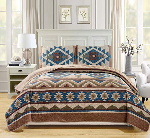Western Southwestern Indianer Tribal Navajo Design Mehrfarbig Beige Taupe Braun Blau Grün Übergröße Doppelbett Bettüberwurf Steppdecke Set Austin Taupe (Twin)