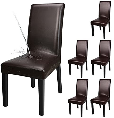 YISUN 4er/6er Set Esszimmer Stuhlhussen, solide Pu Leder wasserdichte Stretch Esszimmerstuhl Schutzhülle (6-Stück, Braun)