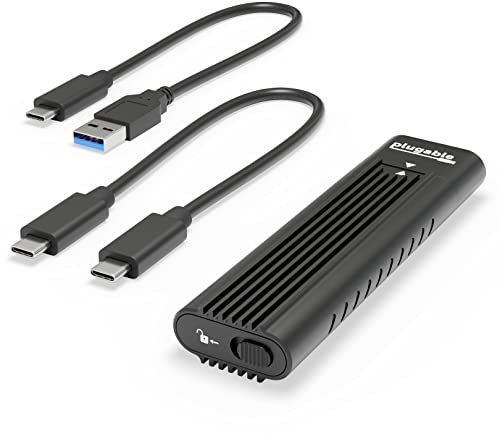 Plugable M.2 NVMe SSD Enclosure; Tool-Free & Driverless. USB 3 Type-C, including Thunderbolt and USB4, at 10Gbps. For M.2 NVMe SSDs 2230 to 2280 PCIe Gen 3 and 4. USB cables included