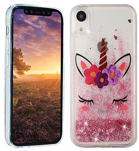 HopMore für Glitzer Hülle iPhone XR Handyhülle Glitzer Silikon 3D Flüssig Transparent Kreativ Muster Durchsichtig Schutzhülle Silikonhülle Stoßfest Case Cover - Einhorn