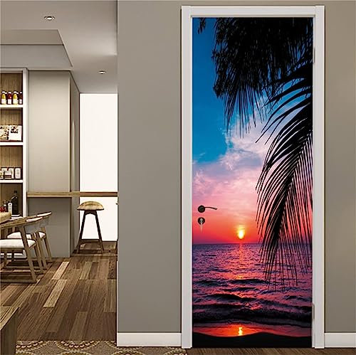 FLFK Coucher de Soleil Tropical Autocollant Porte Affiche 3D pour Cuisine Chambre Salle de Bain Auto-adhésif Amovible Murale Décoration 77X200cm