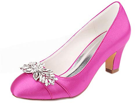 Emily Bridal Scarpe da Sposa Décolleté Tacco Grosso in Raso di Seta da Donna con Cristalli (EU36, Fucsia)