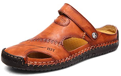 Rojeam Mens Casual Synthetic Leather Sandals Closed Toe Beach Slippers Flat Shoes Summer Sandals for Hiking Trekking, Brown, 8.5 UK