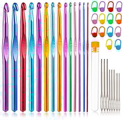 Tiiduo Crochet Hooks Set, 37 PC Colored Aluminum, Ergonomic Handle, with Stitch Markers and Large-Eye Blunt Needles, Sizes 2.0mm-10.0mm