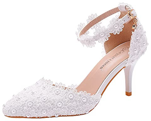 Damen High Heels Sandalen Weiß Spitze Perlen Hochzeit Schuhe Spitze Spitze Zehen Brautschuhe, Weiß (7,5 cm, weiß), 38 EU