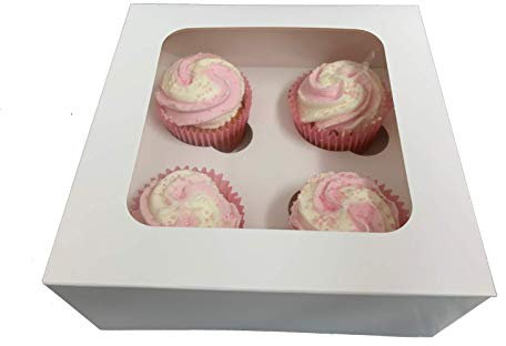 LARRYROO White Windowed Cupcake Boxes, Holds 4 Cup Cakes with Removable Inserts Birthday (1)