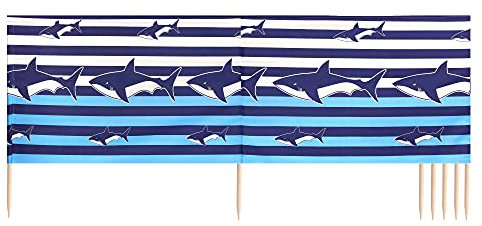 Ladeheid Windschutz Strand Sichtschutz mit Holzstab praktisches Strand Zubehör LAEX001 (Streifen/Haie, 6 m)