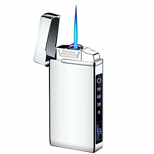 Windproof Dual Arc Electric Lighter, Jet Flame Torch Butane Lighter with LED Flashlight 3 in 1 USB Rechargeable with Battery Indicator, Good for Cigarette Cigar Candle Sliver