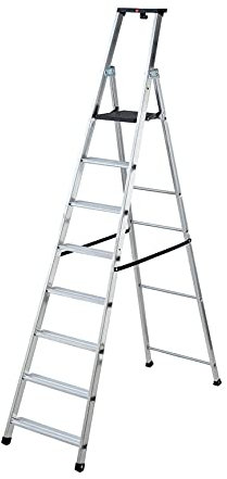 Escabeau 8 marches Hailo Professionnel, marchepied Aluminium Pliable, Plateforme PEHD Haute résistance 184cm, Hauteur Travail 384cm, Garantie 5 Ans