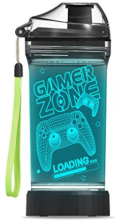 Gamer Zone Water Bottle for Boys, YuanDian Controller 7 Color Lights 3D Light up Drinking Cups Gifts for Gamers Boys , BPA Free & Leak Proof Flip Top Lid & Easy Clean & Carry Handle, 14oz/ 400ml