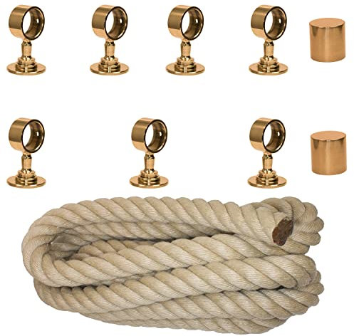 Handlaufseil Set 30mm - bestehend aus 2 Endkappen 7 Seilträger Messing glänzend und 7m Nature Touch Handlaufseil naturfarben