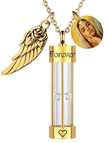 MeMeDIY Personalisierte Urne Herren Halskette für Asche Edelstahl Sanduhr Memorial Anhänger mit Engelsflügel Rund Bild Anhänger Andenken-Gold