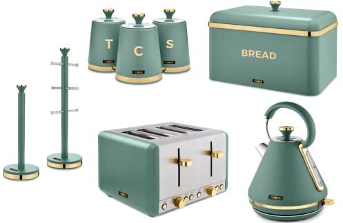 Tower Cavaletto Pyramid Kettle, 4 Slice Toaster, Bread Bin, 3 Canisters, Mug Tree & Towel Pole in Jade with Brushed Champagne Gold Accents. Contemporary Matching Kitchen Set of 8 Items in Jade Green