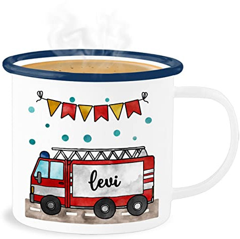 Emaille Becher Blechbecher - Feuerwehrauto Motiv I Leiterwagen Geschenk Feuerwehr I Löschzug - 300 ml - Weiß Blau - tasse kindergarten feuerwehrbecher jugendfeuerwehr name kaffeebecher
