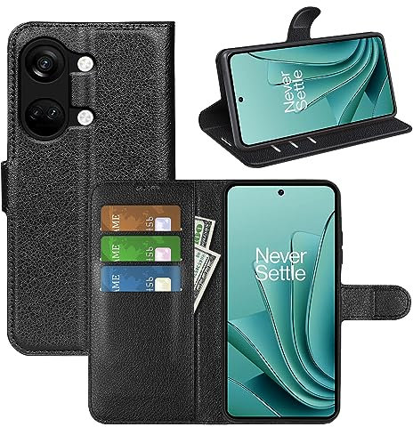 JIUNINE Hülle für OnePlus Nord 3 5G, Handyhülle Premium PU Leder Flip Cover [Kartenfach] [Magnetverschluss] Stoßfeste Tasche Klapphülle Lederhülle Kompatibel mit OnePlus Nord 3 5G, Schwarz