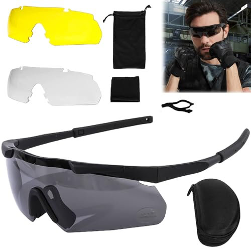 Gafas de tiro con 3 lentes intercambiables, gafas de protección con lentes transparentes antivaho y resistentes a los arañazos, ajustables, resistentes a los golpes, protección láser (templos negros)
