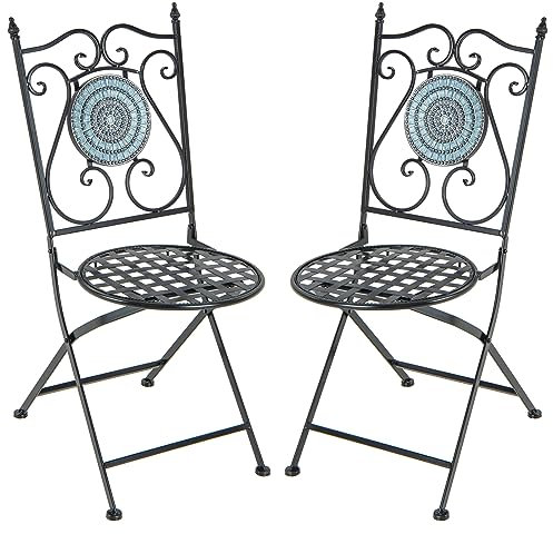COSTWAY Mosaic Folding Chairs Set of 2, Garden Dining Chair with Hollow-out Seat & Anti-slip Footpads, Metal Bistro Chairs for Patio, Balcony and Backyard, 150kg Capacity