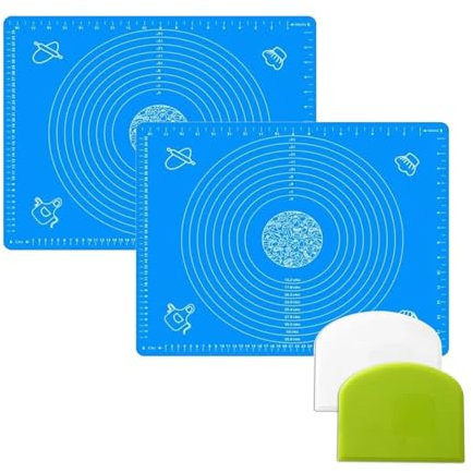 Set of 2 x Blue Baking Pastry Mats + 2 x Dough Scrapers Fondant Mat 19.7''x15.8'' Dough Rolling Mat with Measurement Cookies Cake Bread Making