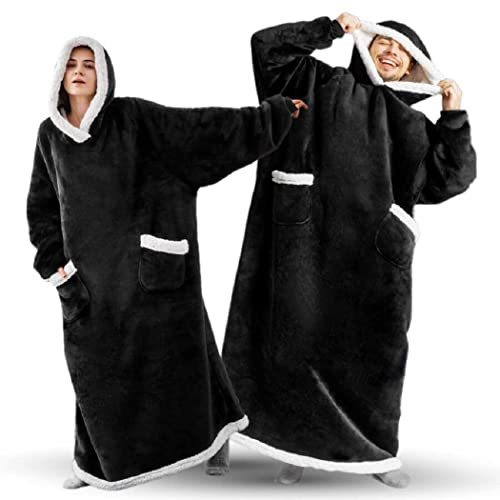 Sedefen Sweatshirt Hoodie Decke mit Ärmeln Deckenpullover,Flauschige Sherpa Kuscheldecke Tragbare Decke,Übergroße Kapuzenpullover für Damen Herren Erwachsene Warm Ärmeldecke Schwarz