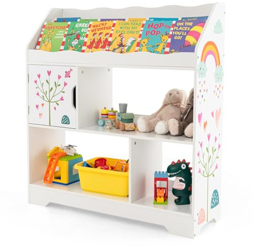 COSTWAY Kids Storage Unit, Toy and Book Organizer with Bookshelf, Cabinet, Storage Compartments, Multi-Functional Children Display Rack for Playroom, Kindergarten, Living Room (White)