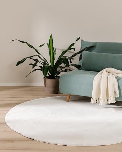 benuta Basic Kunstfaser Fellteppich Furry - Creme Rund 80 cm - Weicher Wohnzimmerteppich - Anti-Rutsch-Rückseite - Waschbar - Für Fußbodenheizung geeignet
