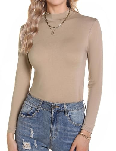 Aottori Rollkragenshirt Damen Unterhemd Langarm Winter Unterziehrolli Thermo Langarmshirt Warm Elegant Skiunterwäsche Leicht Slim Fit Basic Tops Khaki S