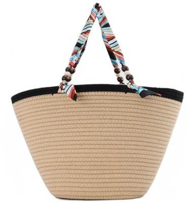 Jywmsc Stroh Strandtasche, Stroh Tote Bag für Frauen mit PU Griffe Sommer Urlaub Gewebt Strand Tasche Schulter Handtasche