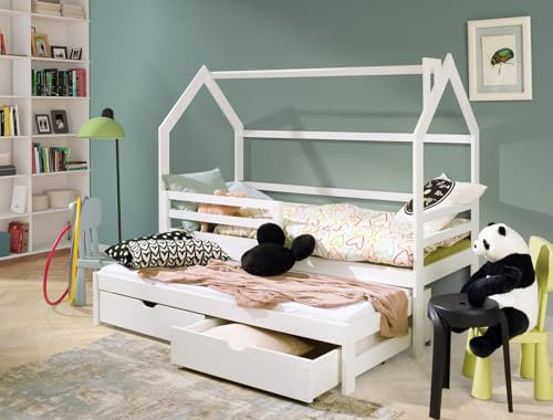 thematys Kinderbett 80x180 mit Zwei Schubladen, Rausfallschutz, Ausziehbett, Rolllattenrost - Hausbett 80x180cm Dachgestell für Jungen & Mädchen - Kinder Haus Bett Kiefernholz für Kinderzimmer Weiß
