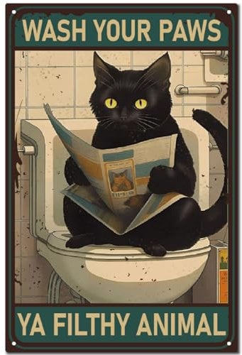 CREATCABIN Vintage Black Cat Sign Retro Metal Sign Bathroom Tin Poster Painting Plaque Iron Sign Wall Decor Art Mural Hanging Sign for Toilet Restroom Kitchen 12x8 Inch Wash Your Paws Ya Filthy Animal