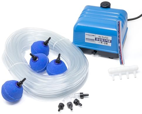 VIALIA Teichbelüfter V-10 Komplettset, 10W Pumpe, Belüftersteine, Schlauch und Luftverteiler, hoher Luftstrom, Robustes Aluminiumgehäuse und einfache Wartung