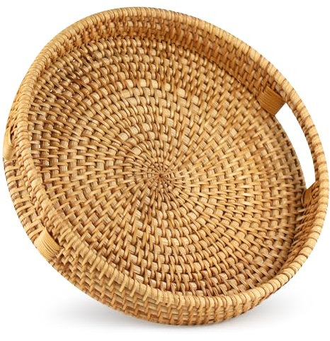 WENLISELL Wicker Serving Tray Round, 30cm Rattan Serving Tray Basket with Handles, Rattan Decorative Display Trays for Breakfast, Drink, Coffer, Tea, Candle