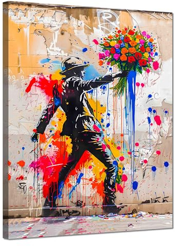 Kunstbruder© Wandbilder Banksy Gross hochkant Schlafzimmer Home Deko Wohnung Bild Wohnzimmer Bilder Leinwand Graffiti kunstdruck - Bunt gemälde (dancingmanblume, 70x100 cm)