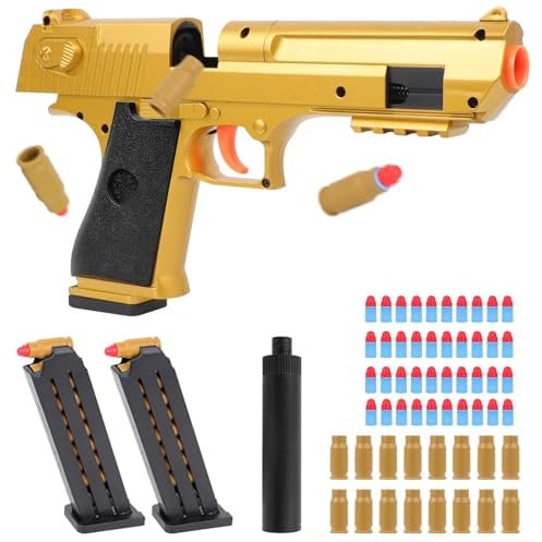Toy Pistol with Magazine Shell Ejection Gun Toy Slide Action Soft Rubber Bullets Shooting Gun Toy 1 Toy Gun, 2 Ejecting Magazine,1 Silencer,16 cartridges, 40 bullets