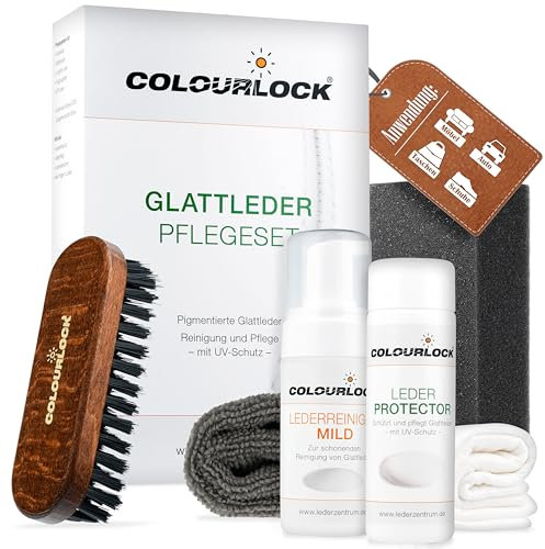 COLOURLOCK Lederpflege Set Glattleder | Leder Pflege Set geeignet für Auto Sofa Couch uvm. | Lederreiniger Mild + Leder Protector + Reinigungsbürste + Reinigungsschwamm + Tücher