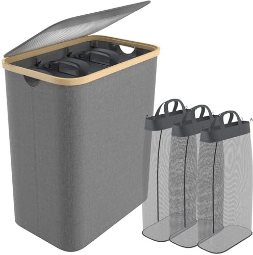 SUBTLETY 140L Wäschekorb aus Oxford-Gewebe 3 Fächer Abnehmbar Wäschesammler mit Bambusrahmen Faltbare Wäschesack Wäscheboxen mit Griff & Deckel Wäschesortierer Wäschetonne für Waschküche (Grau)