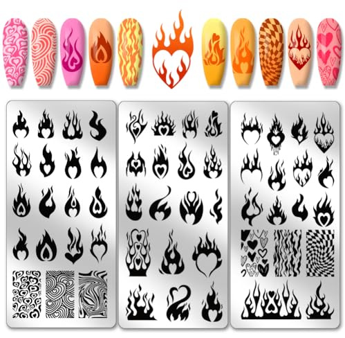 PH PandaHall 3 Stück Valentinstag Nagelkunstschablonen 54 Muster Liebe Flamme Nagel Kunst Stamping Platte Feuer Herz Nagel Stempel Platte Nagelbildplatte für Valentinstag Maniküre Salon Nageldesign