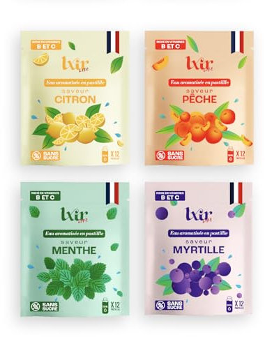 LXIR DRINK - Eau aromatisée en pastille sans sucre - Boisson multivitamines - Vitamines C et B - Hydratation quotidienne - Beauté de la peau - Vitalité - 48 pastilles - Citron/Pêche/Menthe/Myrtille