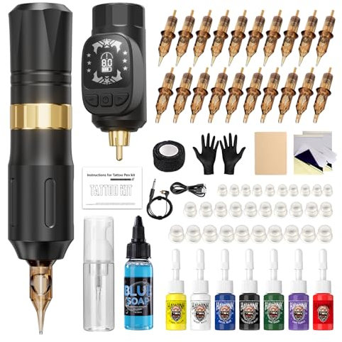 HAWINK Tattoo Maschine Set mit 1600 mAh Akku 20 Stück Mixed Tattoo Cartridges 7 Inks Blaue Seife Kabellos Tattoo Maschine Set Komplettes Tattoo Zubehör Set HW-TK1001EU-1