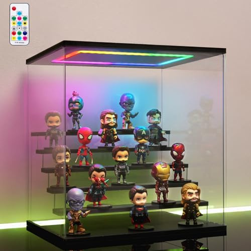 AZEYN Acryl Vitrine mit RGB LED Beleuchtung für Modellautos Figuren, 3/4/5/6 Stufen Mehrfarbige Licht Staubschutz Schaukasten für Sammlerfiguren (Schwarz, 6 stufen, 40x32x42cm)