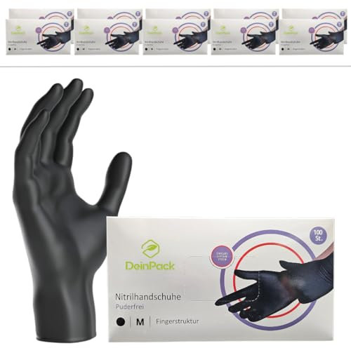 DeinPack 1000 Einweghandschuhe schwarz (10x100), Einmalhandschuhe M, Nitril Handschuhe, Nitrilhandschuhe puderfrei, Gummi-Handschuhe Einweg, Schutzhandschuhe, Handschuhe Nitril in S, M, L, XL