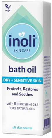 Inoli Babyöl für das Bad | pH-hautneutral Baby Badezusatz | trockene & empfindliche Haut | 6 natürlichen Ölen: Sojaöl, Sonnenblumenöl, Aprikosenkernöl, Camelinaöl, pflanzliches Öl, Vitamin E | 100 ml