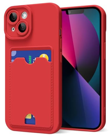 oakxco for iPhone 13 Mini Case with Card Holder, Cute Silicone Wallet Phone Case with Credit Card Slot, Soft Rubber Thin Slim Purse for Women Men with Shockproof Camera Cover Protection, Red