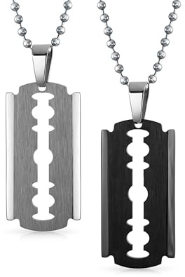 Bling Jewelry Set aus zwei personalisierten Hip-Hop-Biker-Punk-Rock großen Rasierklingen-Dog-Tag-Anhänger-Halsketten für Männer, silber-schwarz plattierter Edelstahl, 20 Zoll Kugelkette, anpassbar.