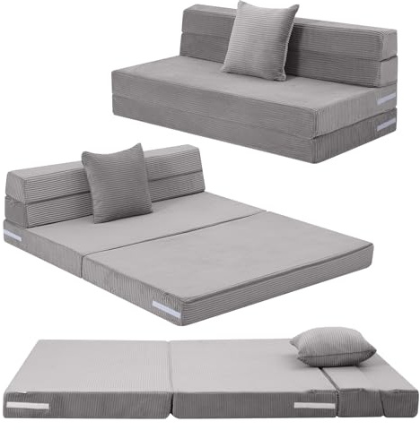 MeMoreCool Folding Mattress Double, Corduroy Fold Out Sofa Bed, Grey | High Density Foam Foldable Futon Mattress, Portable Floor Guest Sofa Bed for Sleeping, Travel, 13cm thick, 190x135cm