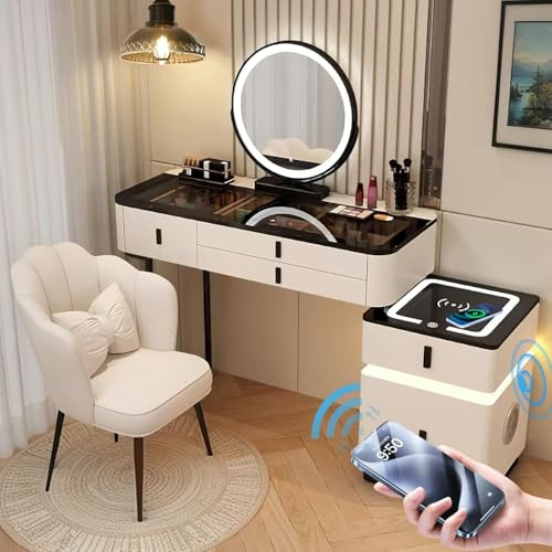 Vofikoli Schminktisch mit Beleuchtung und Stuhl, Frisiertisch mit Dreifarbiger Smart-Spiegel, Kosmetiktisch mit 5 Schubladen, Make up Tisch für Modern Schlafzimmer (Weiß + Schwarz, 100CM)