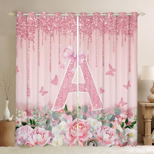 Homemissing Rosa Rose Gold Vorhänge 137x117cm Für Kinder Jungen Mädchen Rosa Bogen Blickdichte Vorhänge Personalisierte Buchstabe A Fenstervorhang Rose Gold Thema Gardinen Monogramm