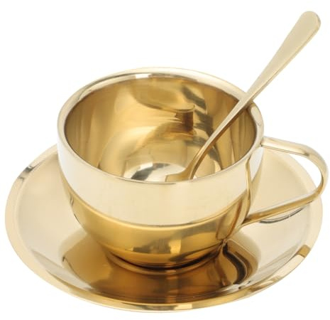 ABOOFAN Stainless Steel Tea Cup Set with Saucer and Spoon 4.13in | Smooth grip, dishwasher safe, versatile for tea, coffee, latte, cappuccino, juice, milk, hot chocolate, home, office