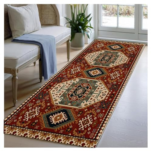 BORKOY Läufer Teppich Flur 80x400cm Vintage Rot Retro Küchenteppich rutschfest waschbar Weich Bettvorleger Flurläufer Flurteppich Teppichmatte Lang Korridor für Flur Küche Wohnzimmer Schlafzimmer