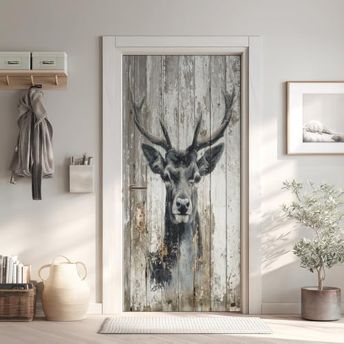 Cerf Poster de Porte 3D Trompe L'Oeil 73x205 cm, Animaux Auto-Adhésif Sticker Porte pour Chambre Cuisine, Rustique Bois Stickers Autocollants de Porte